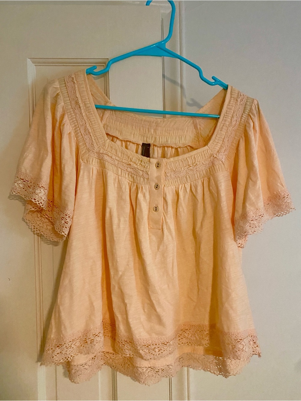 Anthropologie Peach Lace-Trim Peasant Blouse